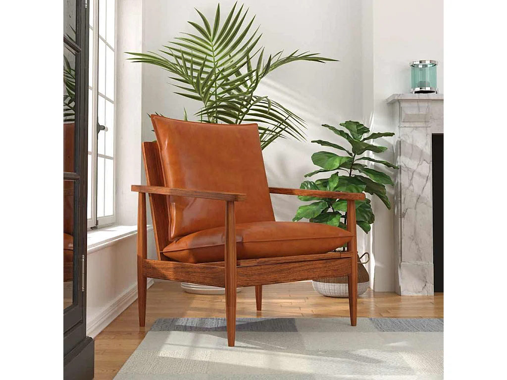 Fauteuil salon-Chaise d'appoint-Fauteuil Marron Cuir véritable avec bois d'acacia SHL4767
