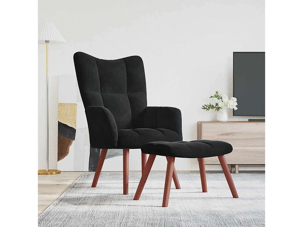 Relaxsessel mit Hocker | Lounge Sessel indoor Schwarz Samt SHL30488
