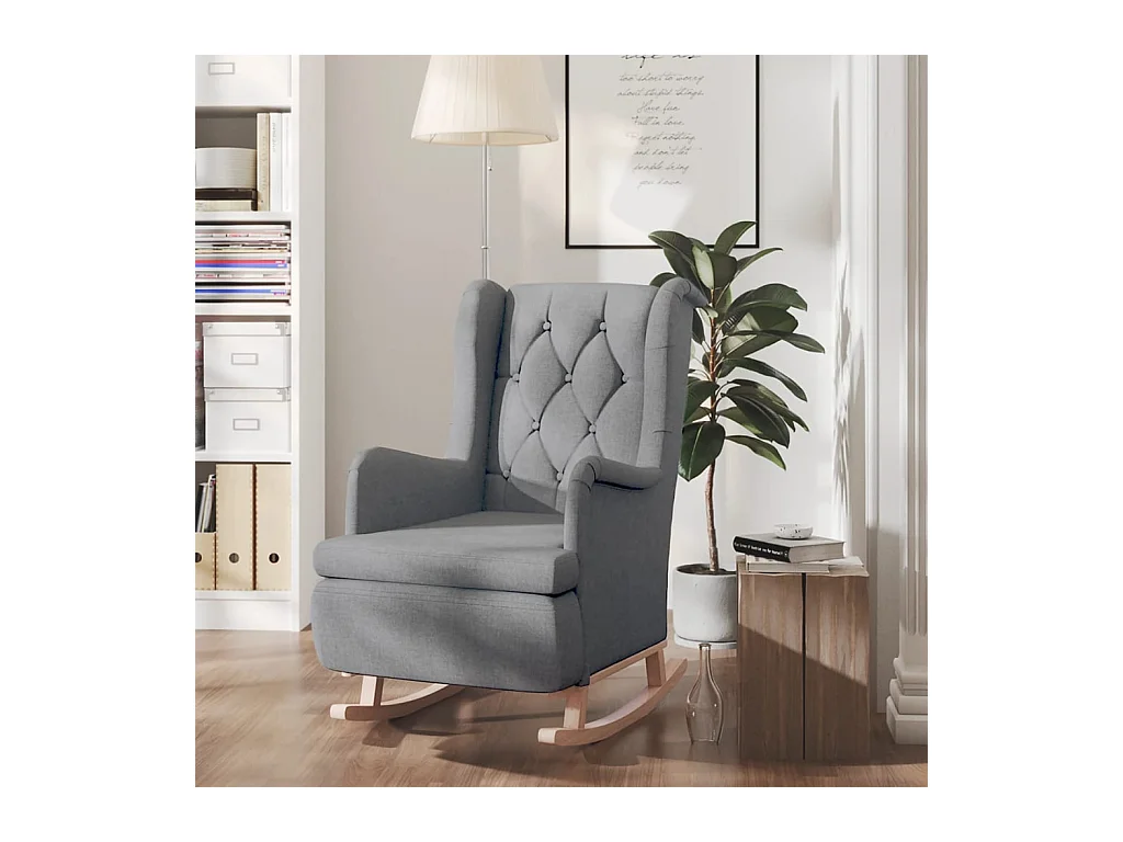 Sillón de salón con patas mecedoras madera maciza caucho tela gris claro SHL8038