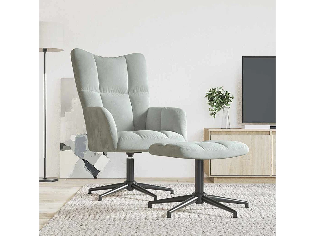 Relaxsessel mit Hocker | Lounge Sessel Hellgrau Samt SHL31699