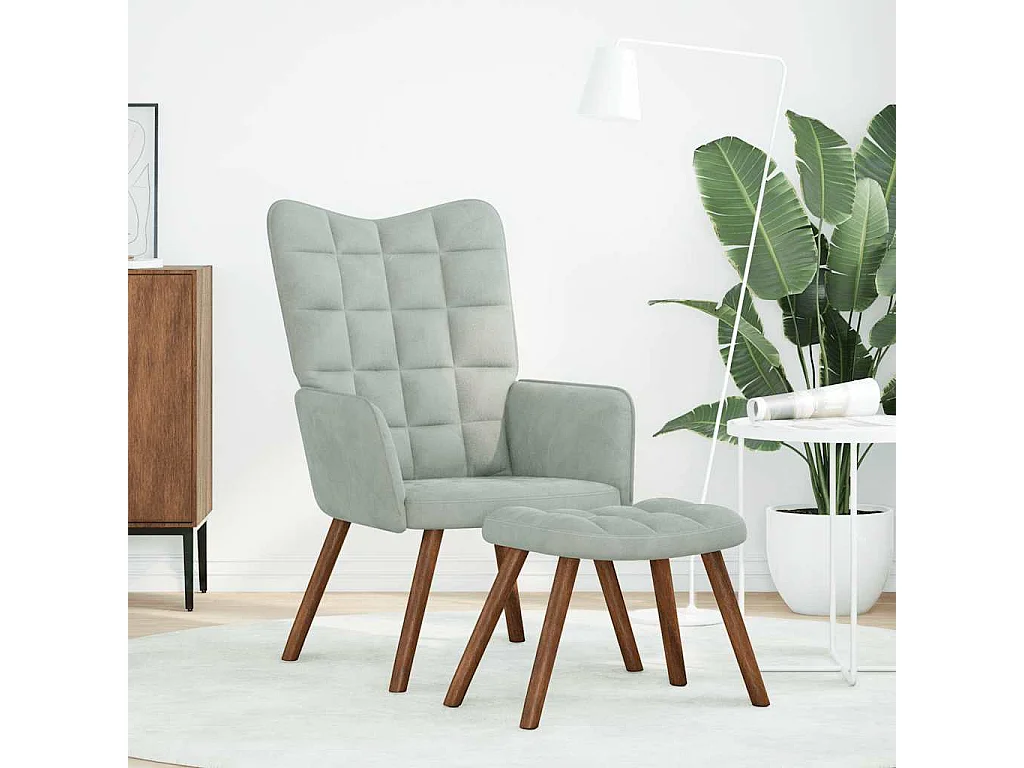 Relaxsessel mit Hocker | Lounge Sessel Hellgrau Samt SHL64031