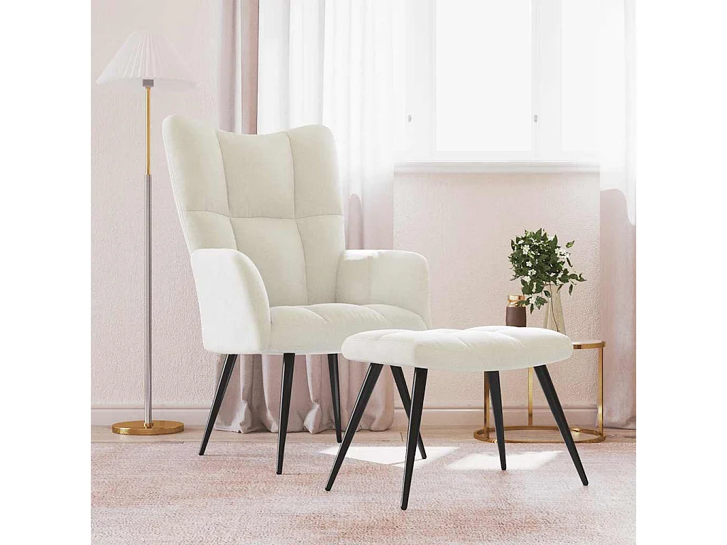 Relaxsessel mit Hocker | Lounge Sessel Cremeweiß Samt SHL42070