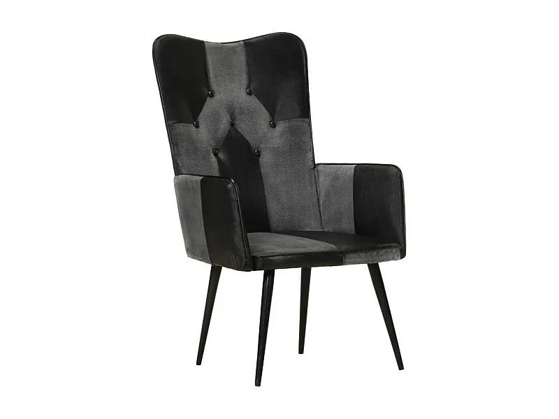 Sillón de salón | Silla | Sillón orejero cuero auténtico negro y gris SHL4168