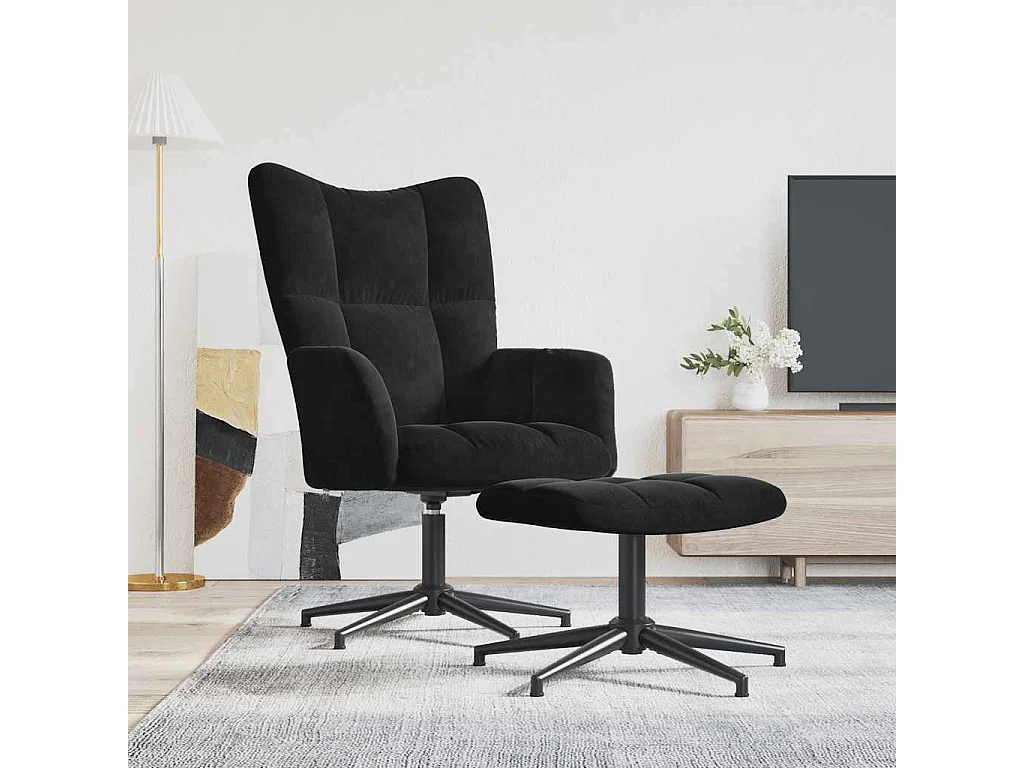 Relaxsessel mit Hocker | Lounge Sessel Schwarz Samt SHL11835