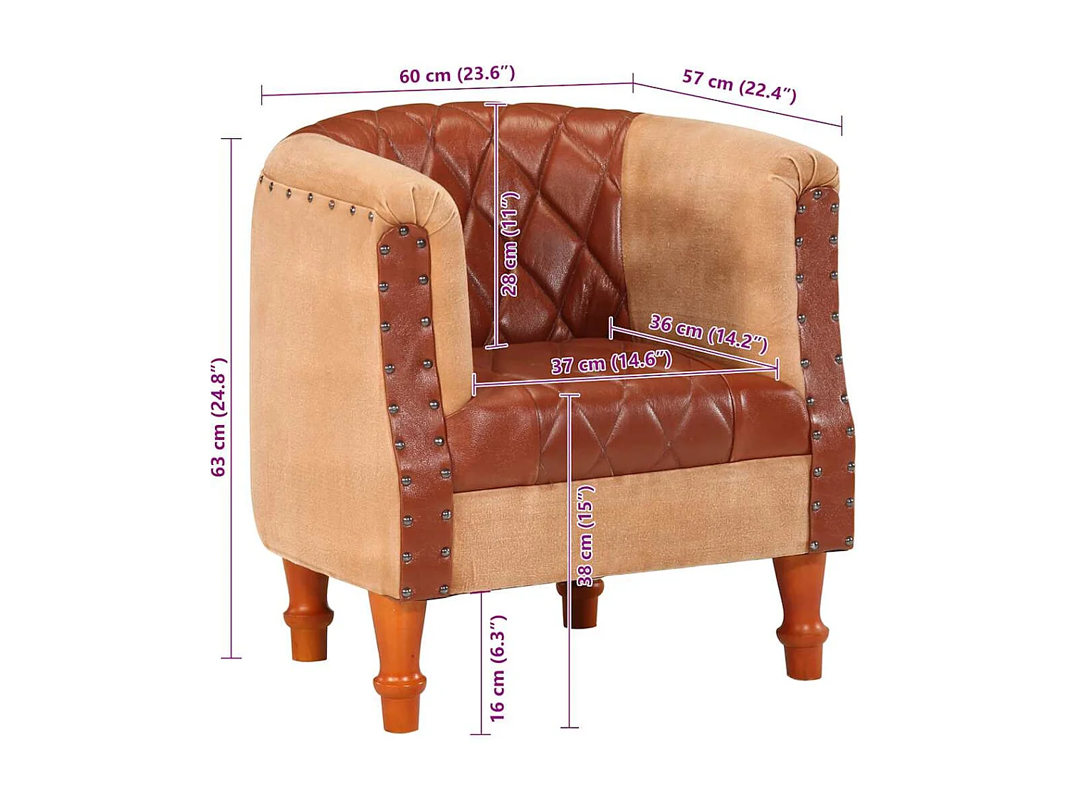 Fauteuil de salon-Chaise cabriolet marron cuir véritable bois de manguier massif SHL1166