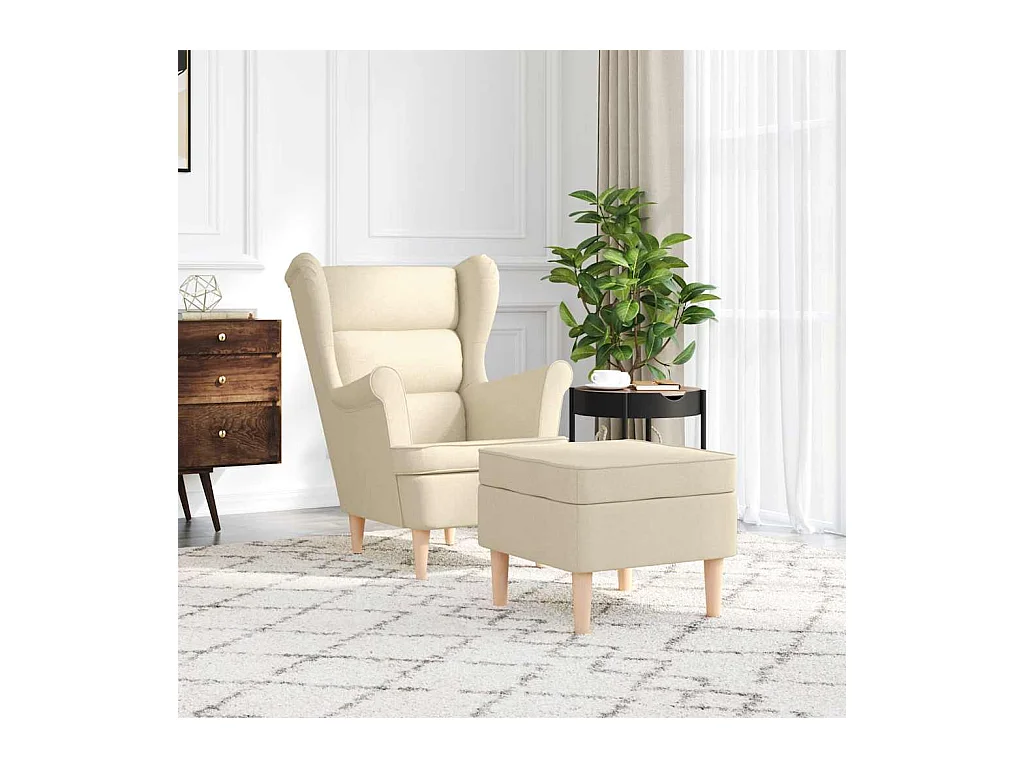Sillón de salón | Silla de relax con taburete reposapiés de tela crema SHL5641