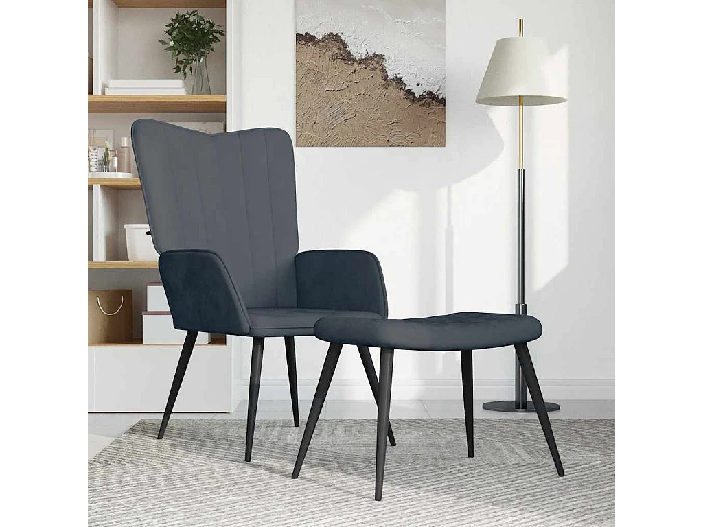 Relaxsessel mit Hocker | Lounge Sessel indoor Dunkelgrau Samt SHL50562