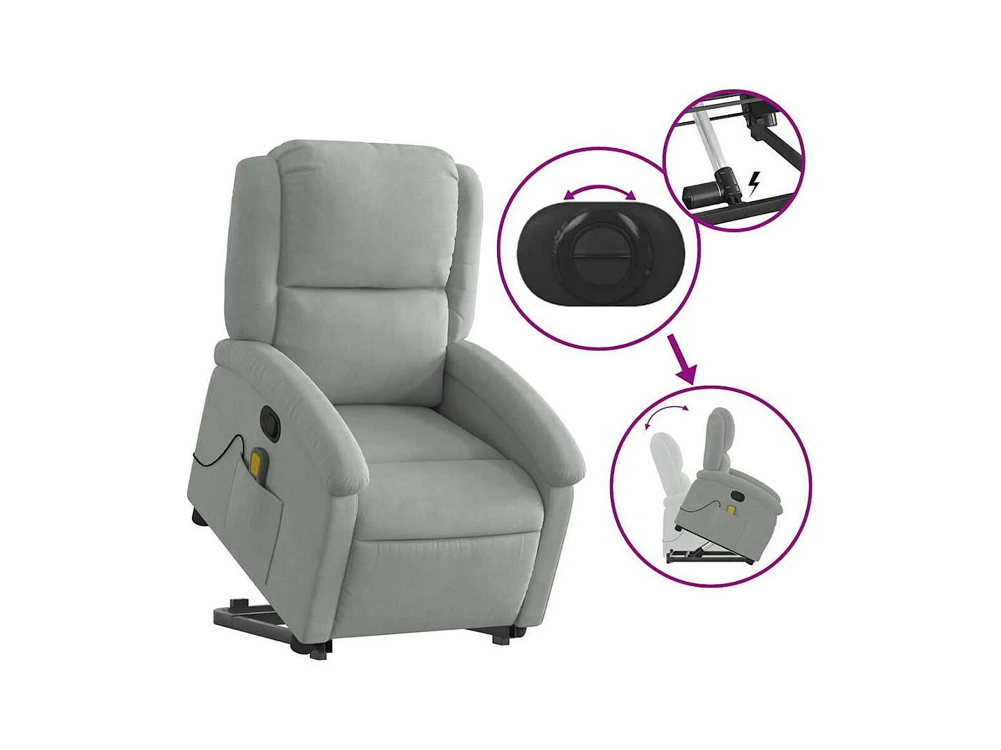 Sillón de relax | Sillón reclinable de masaje elevable terciopelo gris claro SHL6995