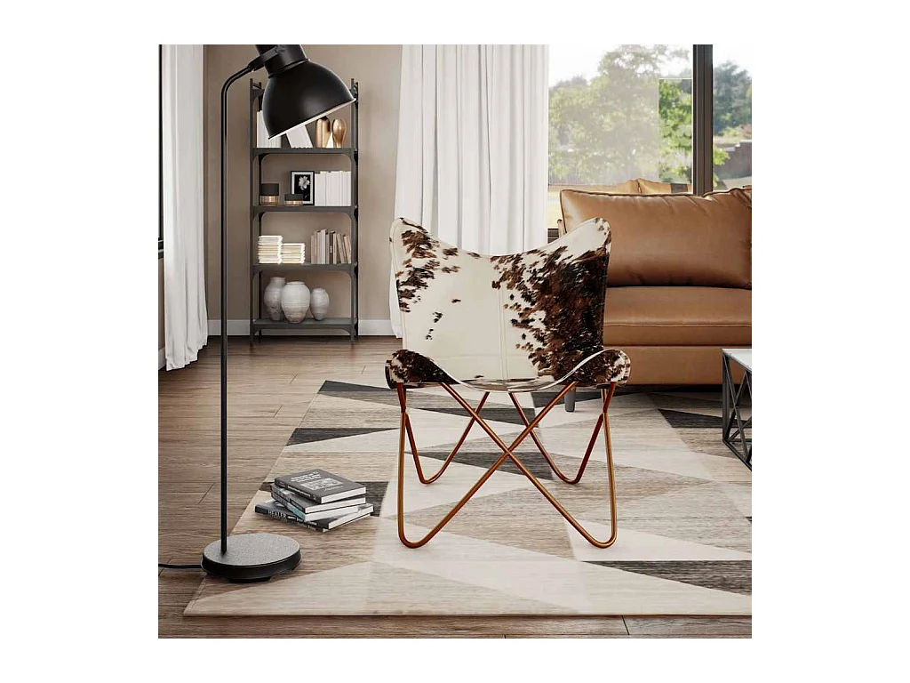 Silla mariposa de cuero auténtico marrón y blanco SHL9804