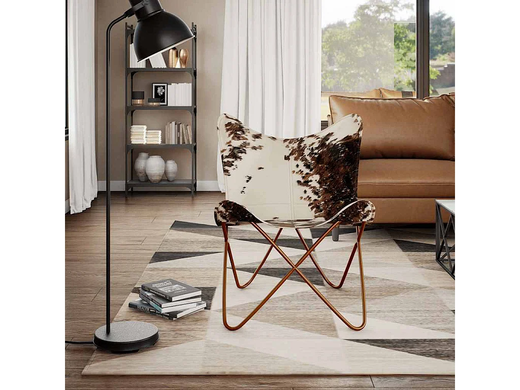 Silla mariposa de cuero auténtico marrón y blanco SHL9804