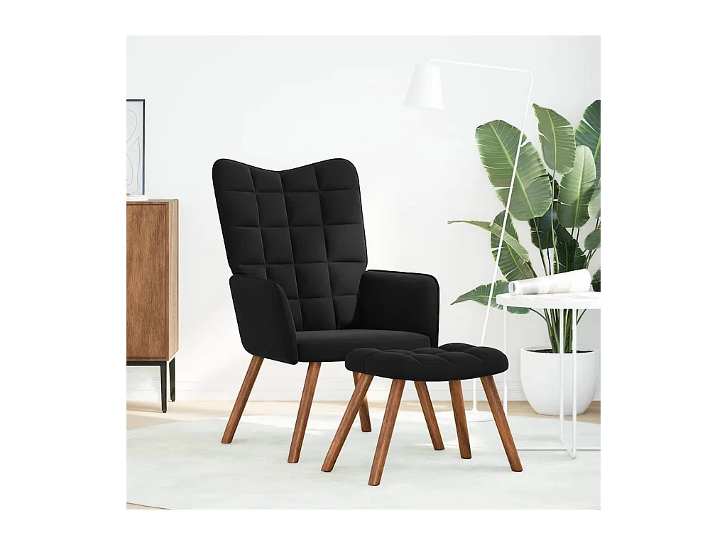 Sillón de relax | Sillón relajante con taburete de terciopelo negro SHL3969