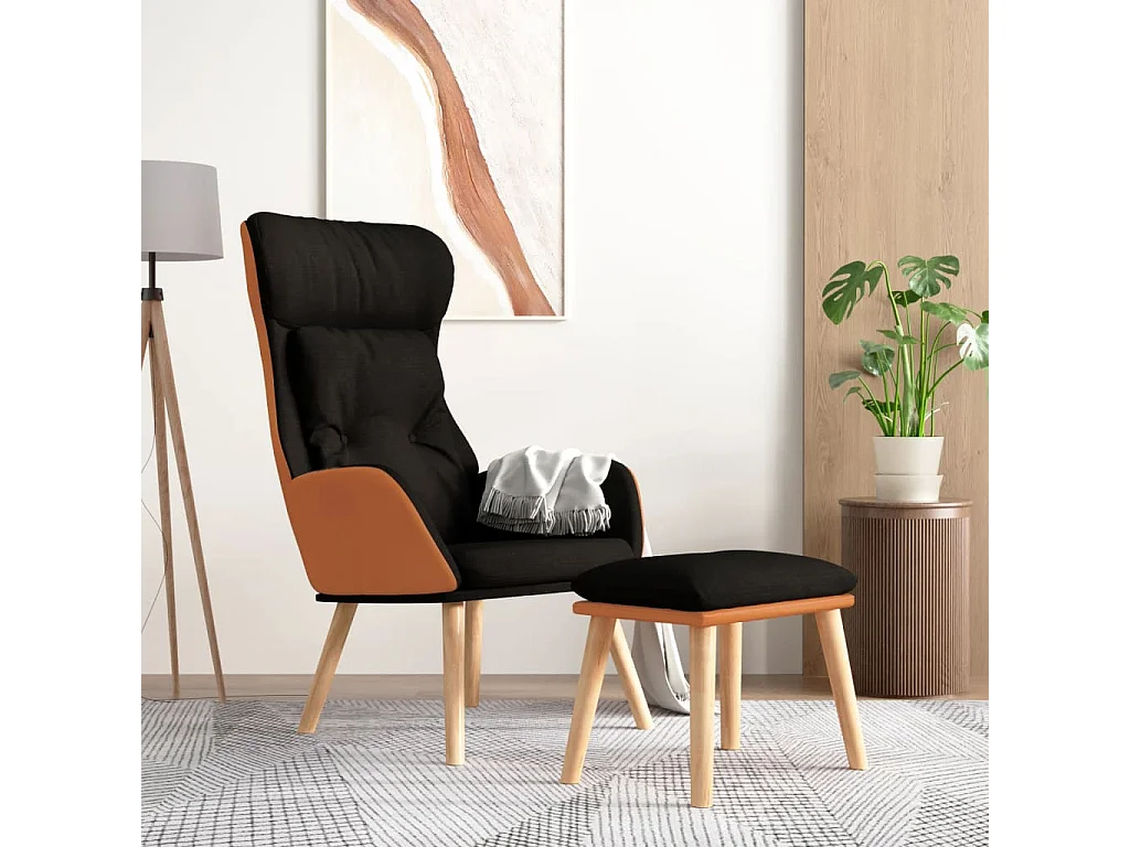 Relaxstoel | Fauteuil met voetenbankje kunstleer en stof zwart