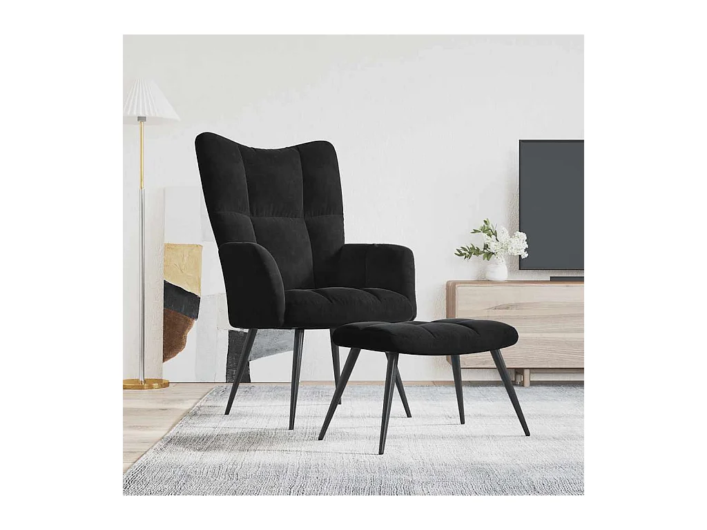 Sillón de relax | Sillón relajante con taburete de terciopelo negro SHL4943