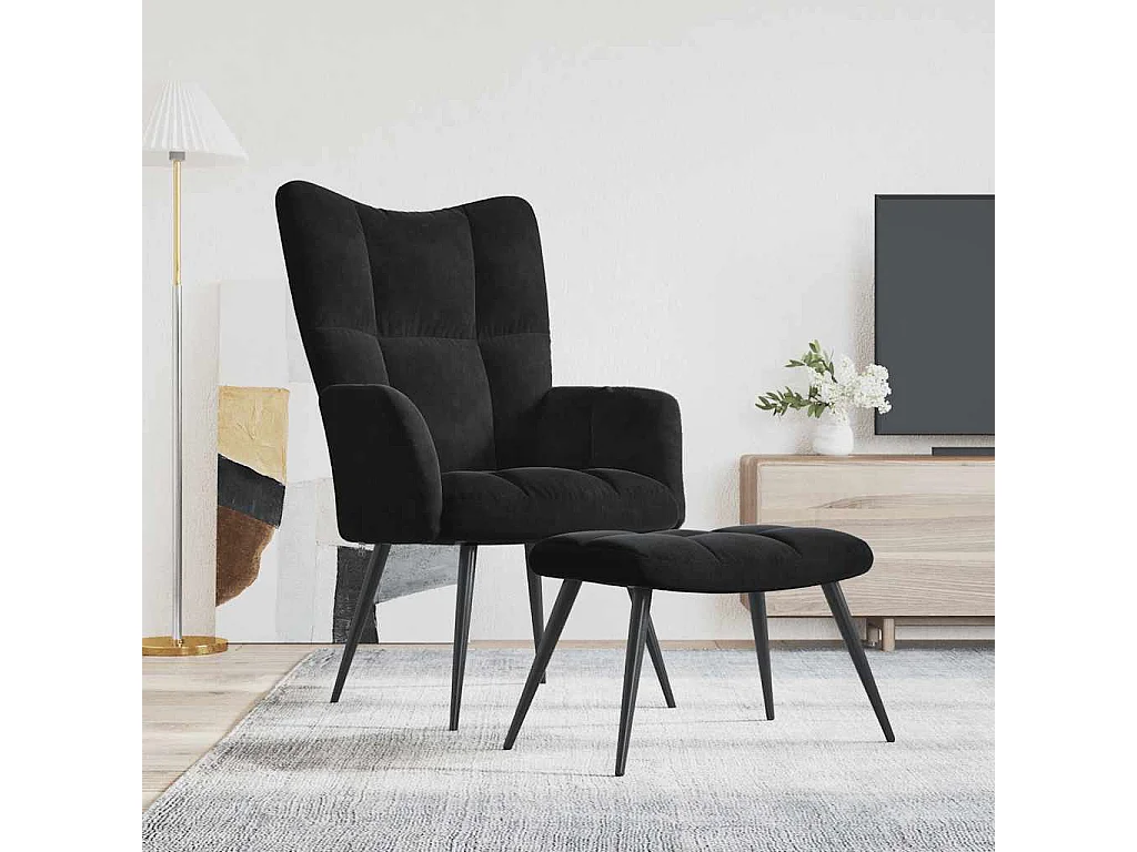 Relaxsessel mit Hocker | Lounge Sessel Schwarzer Samt SHL6458