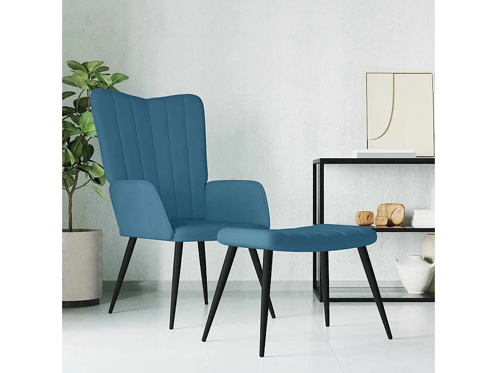 Relaxsessel mit Hocker | Lounge Sessel Blau Samt SHL51220