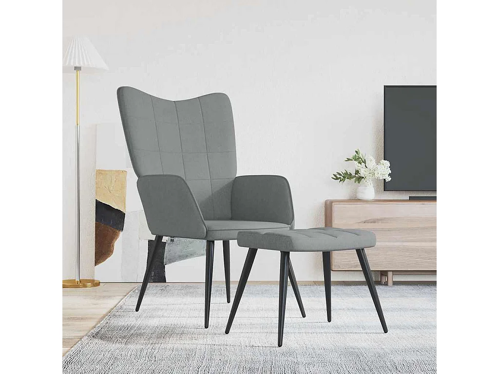 Relaxsessel mit Hocker | Lounge Sessel Hellgrau Stoff SHL16395