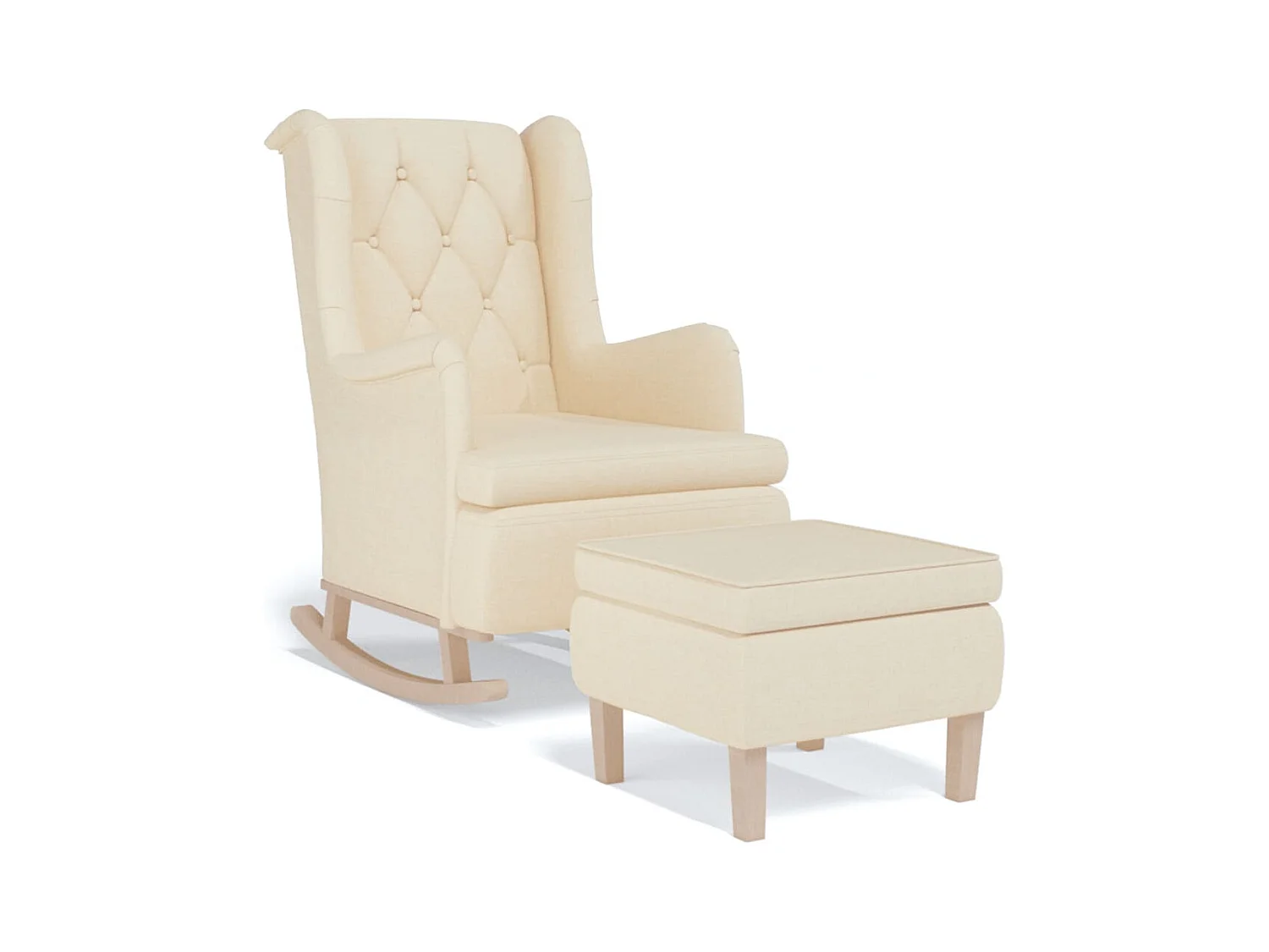 Sillón de salón con patas mecedoras y taburete de tela color crema SHL6904