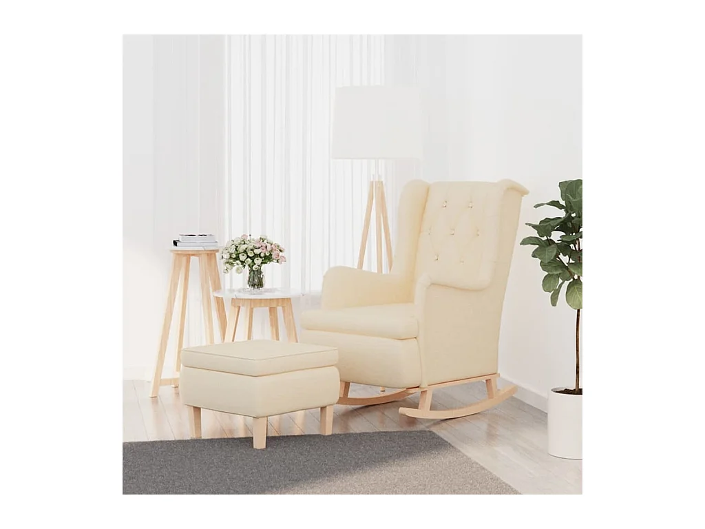 Sillón de salón con patas mecedoras y taburete de tela color crema SHL6904