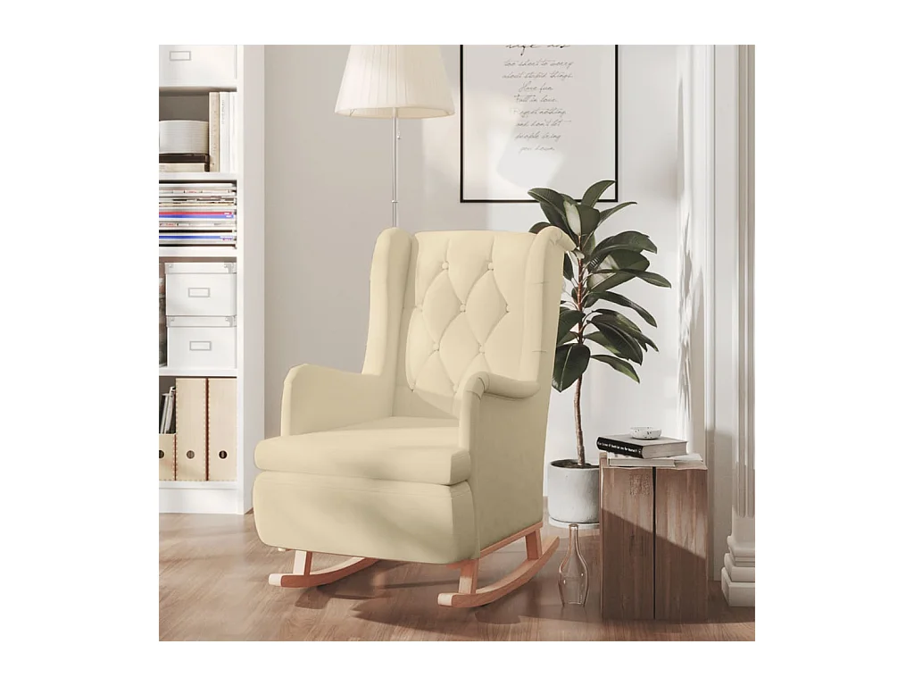 Sillón de salón con patas mecedoras madera maciza caucho y tela crema SHL3798