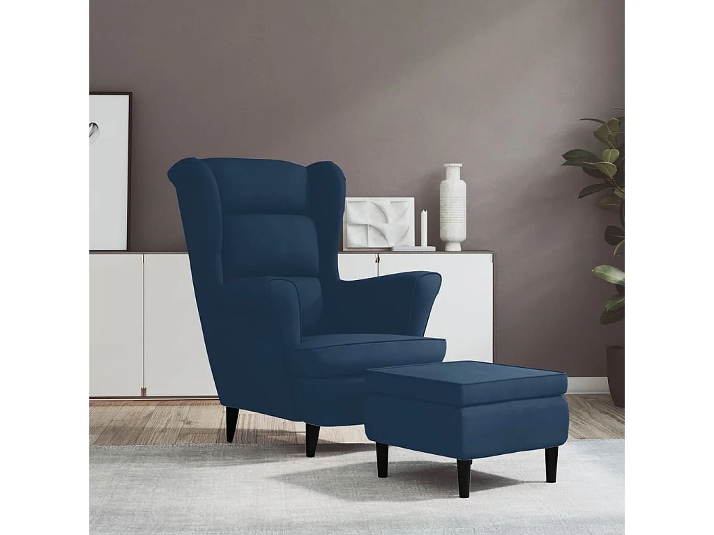 Ohrensessel mit Hocker | Relaxsessel Blau Samt SHL35737