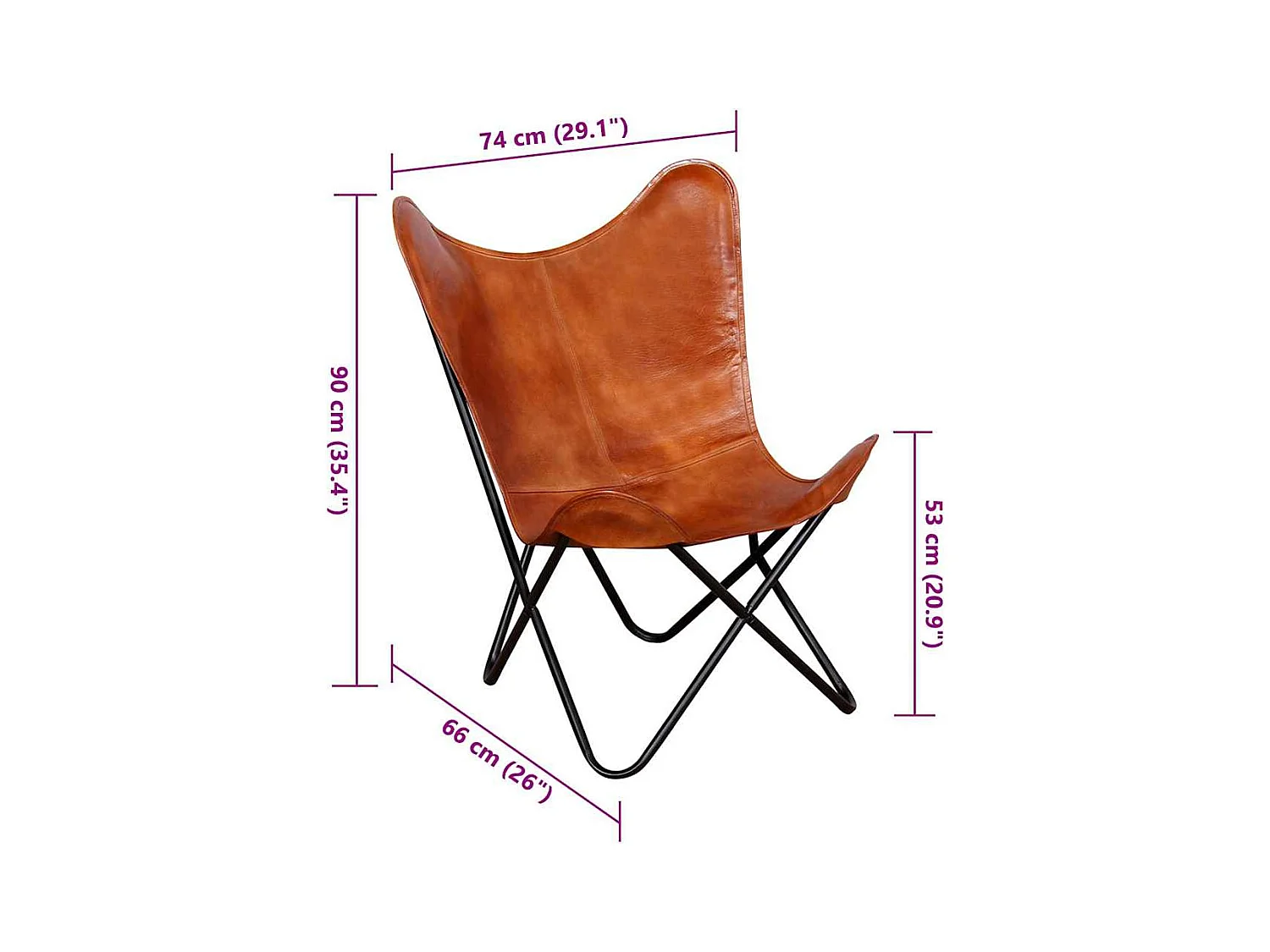 Silla Butterfly de cuero auténtico marrón 74x66x90 cm SHL4446