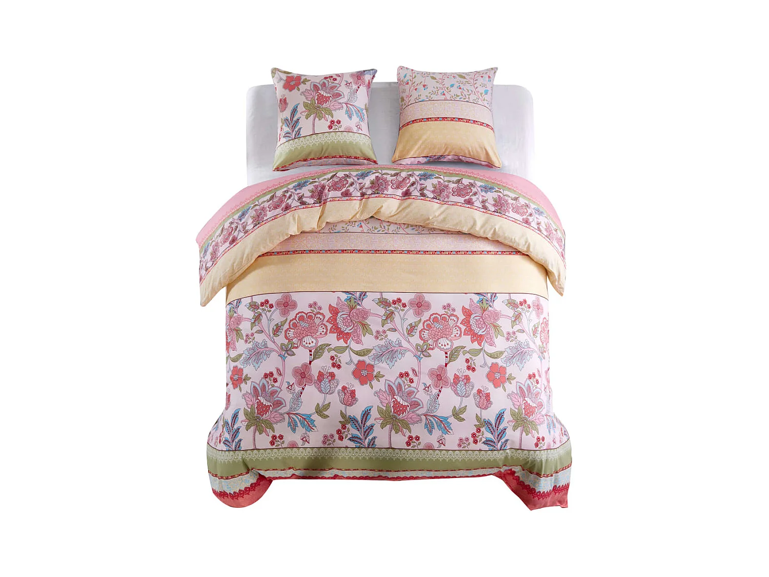 Parure de lit avec housse de couette motif floral/rayé rose