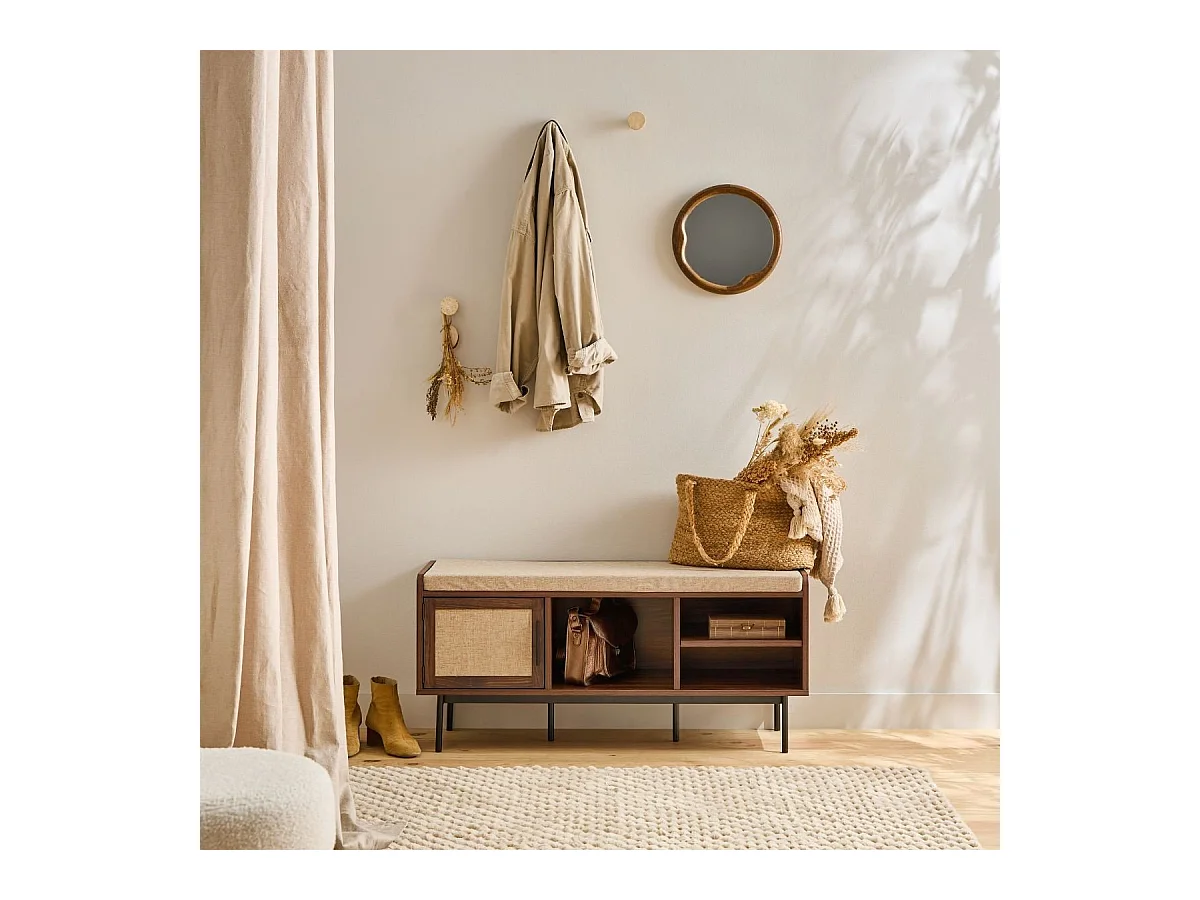 Banc d'entrée décor noyer 1 porte avec façade en tissu  JETSON