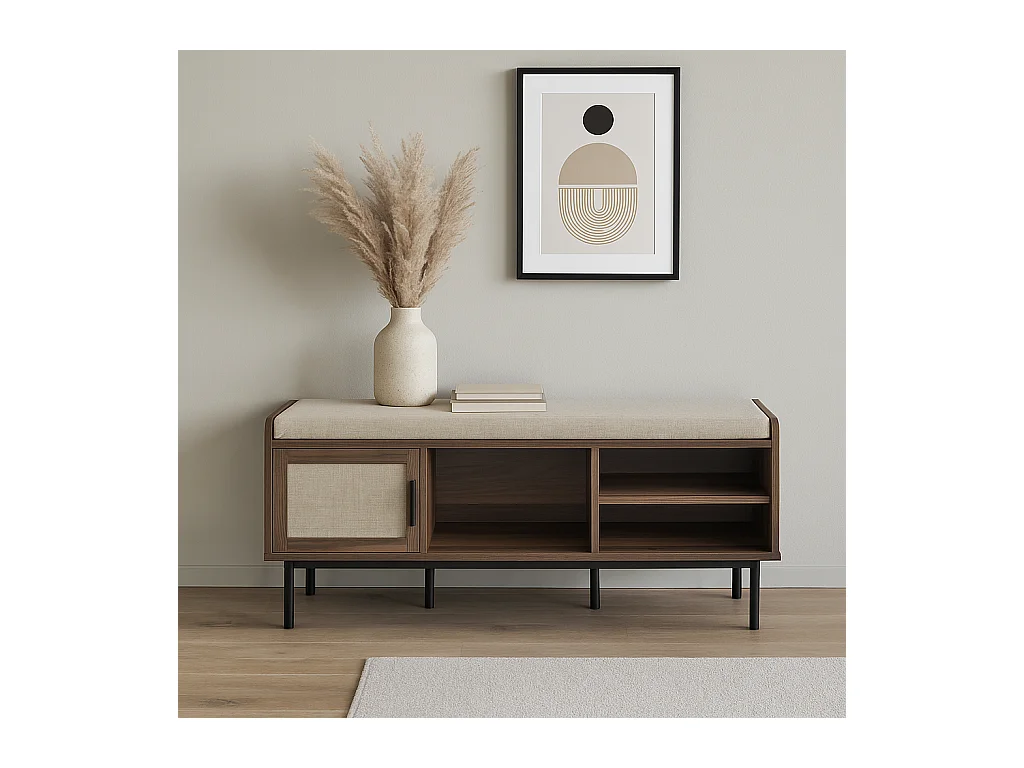 Banc d'entrée décor noyer 1 porte avec façade en tissu  JETSON