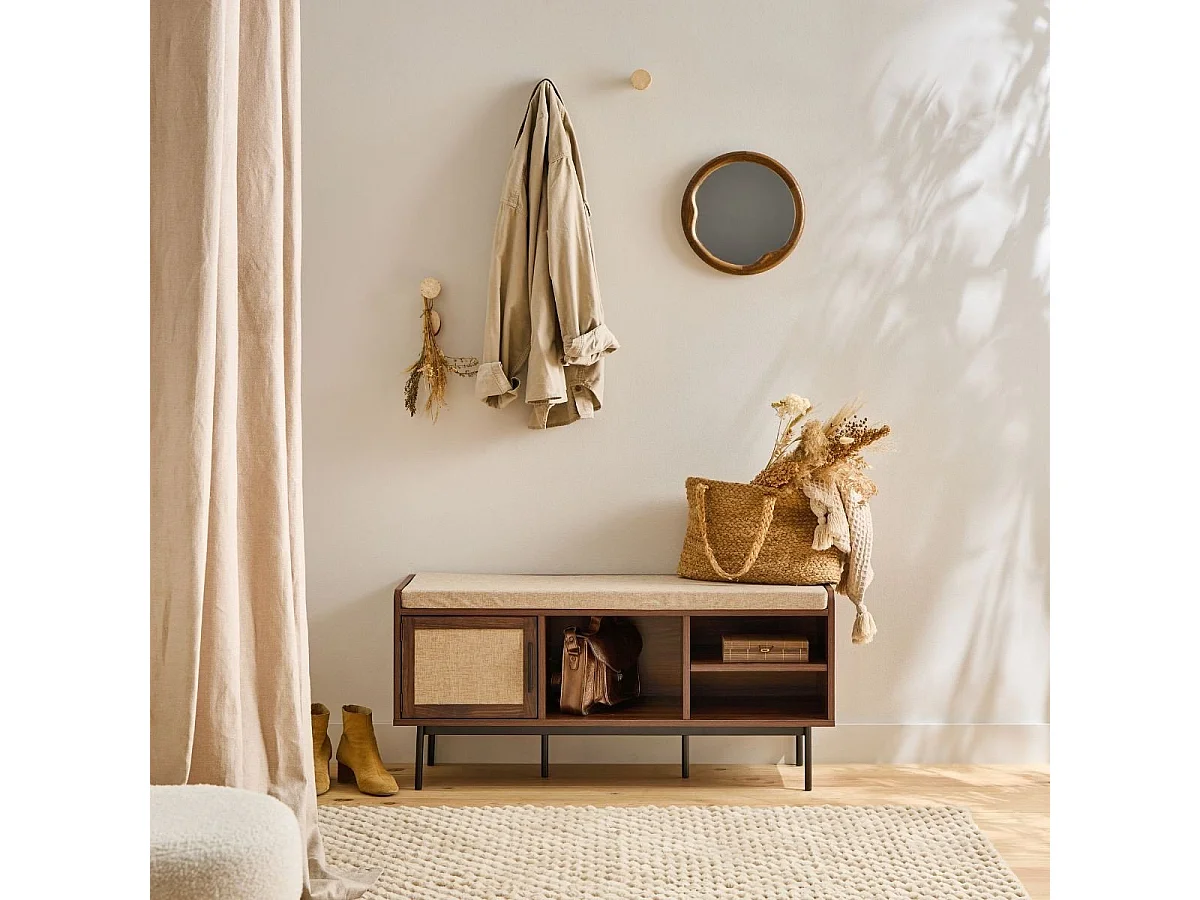 Panchina scarpiera finitura noce 3 vani 1 anta con frontale in tessuto L100 cm - JETSON