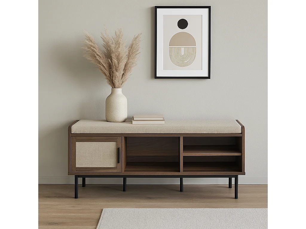 Panchina scarpiera finitura noce 3 vani 1 anta con frontale in tessuto L100 cm - JETSON