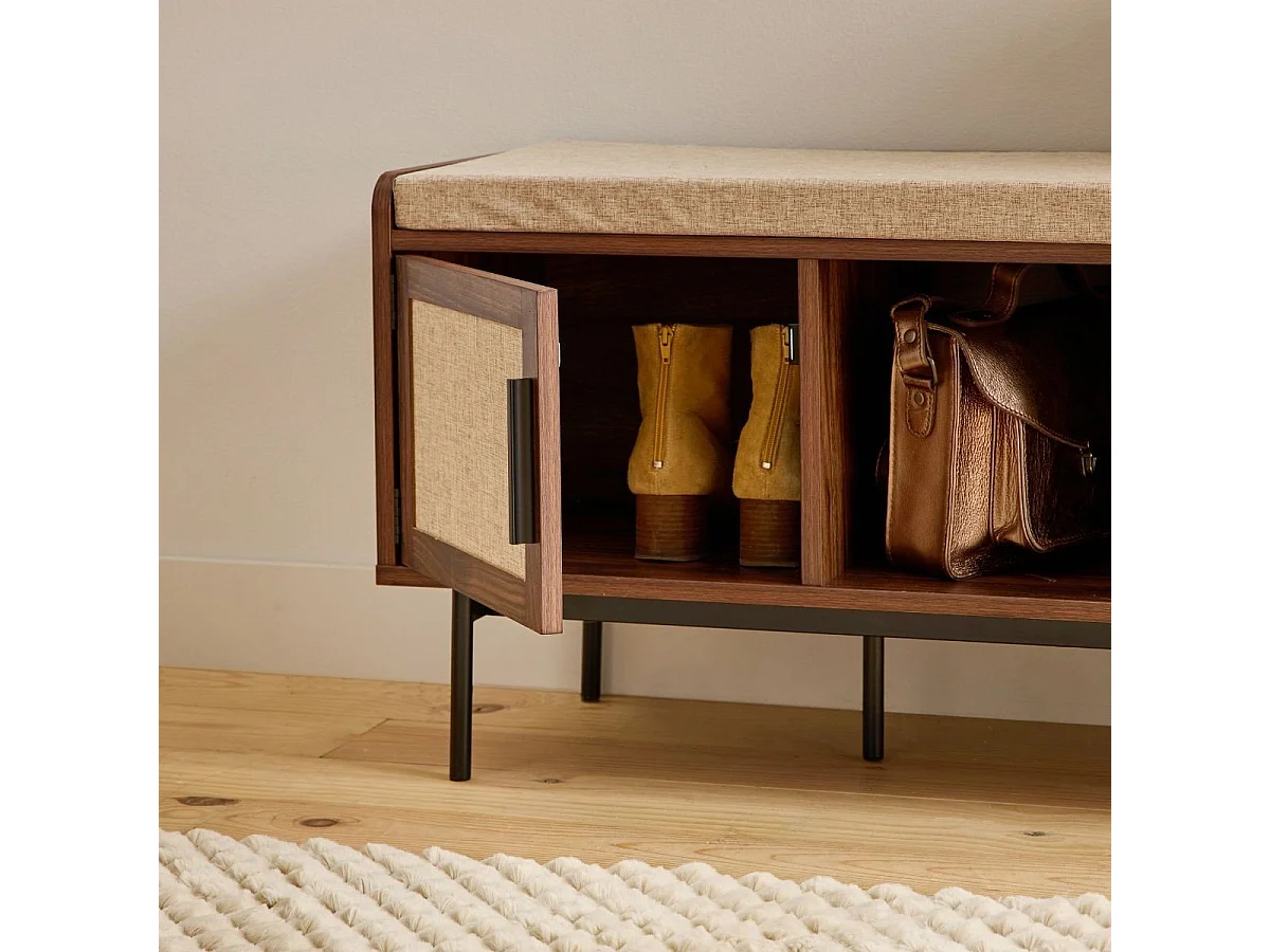 Schuhbank Nussbaumdekor 3 Fächer 1 Tür mit Stofffront L100 cm - JETSON