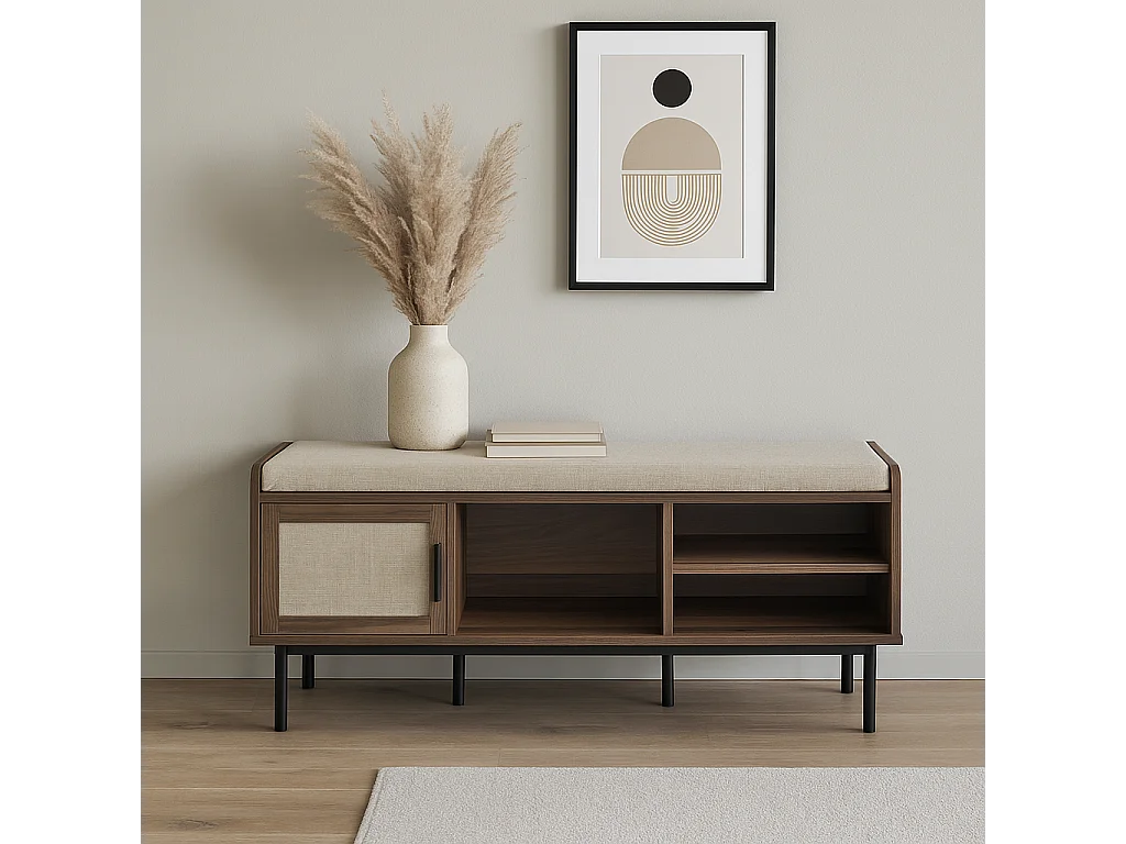 Schuhbank Nussbaumdekor 3 Fächer 1 Tür mit Stofffront L100 cm - JETSON