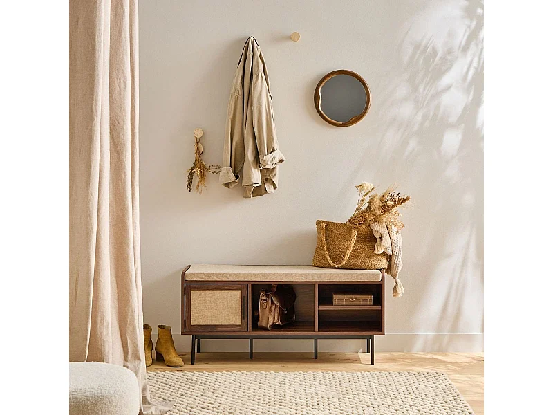 Schoenenbank notenafwerking 3 vakken 1 deur met stoffen front L100 cm - JETSON