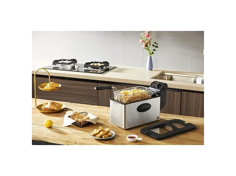Friteuse 3L CONTINENTAL EDISON Inox 2000W - Thermostat Réglable - Éléments Amovibles - Capacité 600g