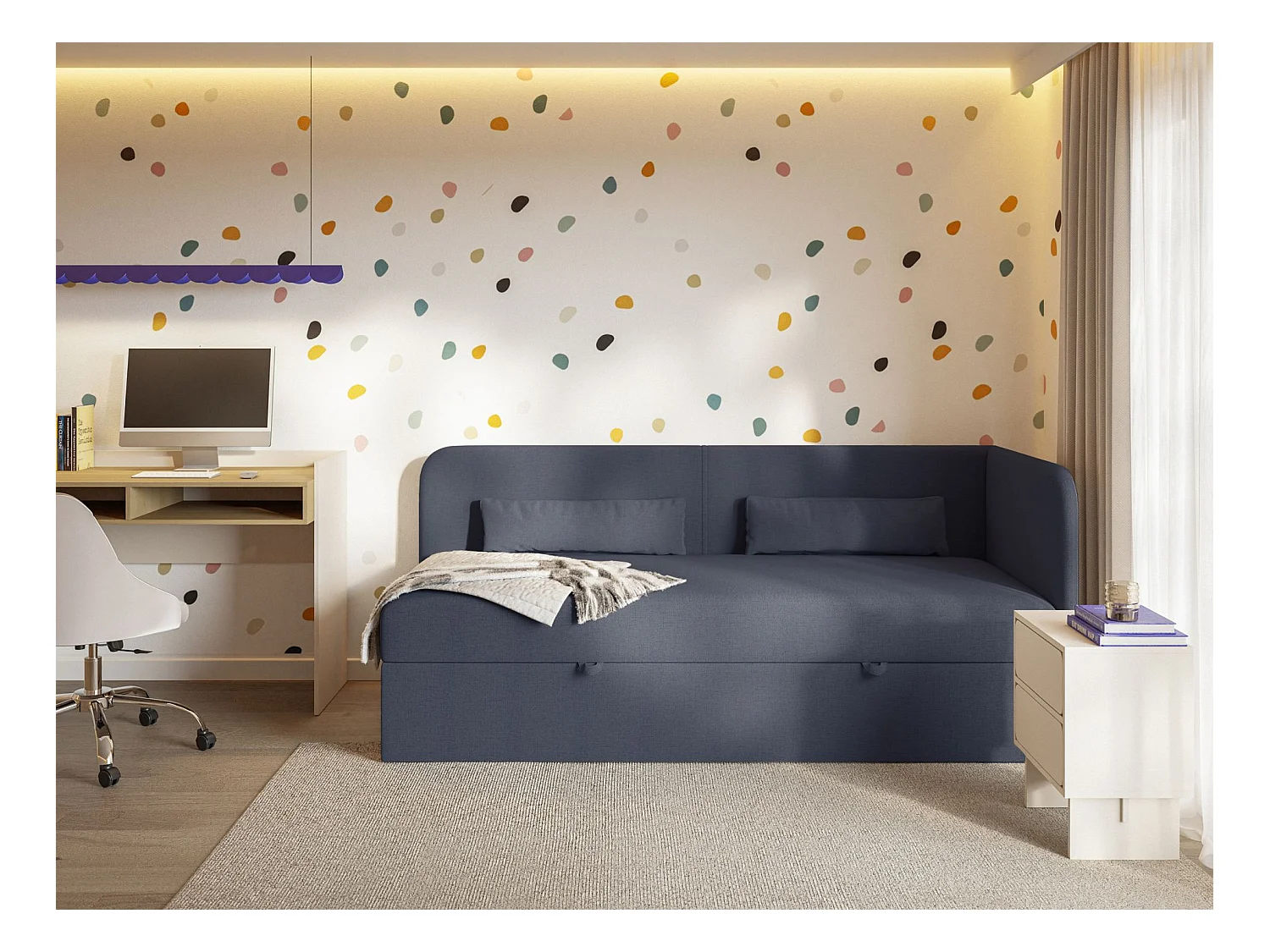 Tienerbed 90x200 met opbergruimte – chenille bekleding – hoofdbord rechts – donkerblauw – CALMMO