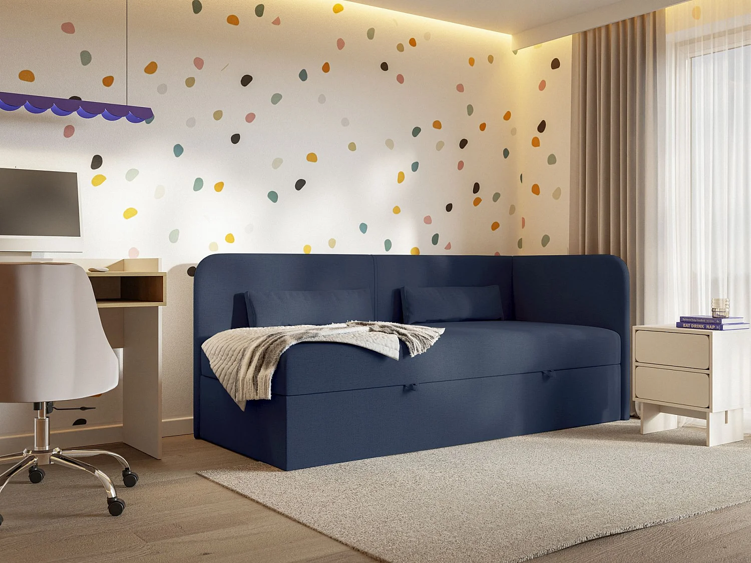 Jugendbett 90x200 mit Bettkasten – Chenille-Bezug – Kopfteil rechts – Dunkelblau – CALMMO