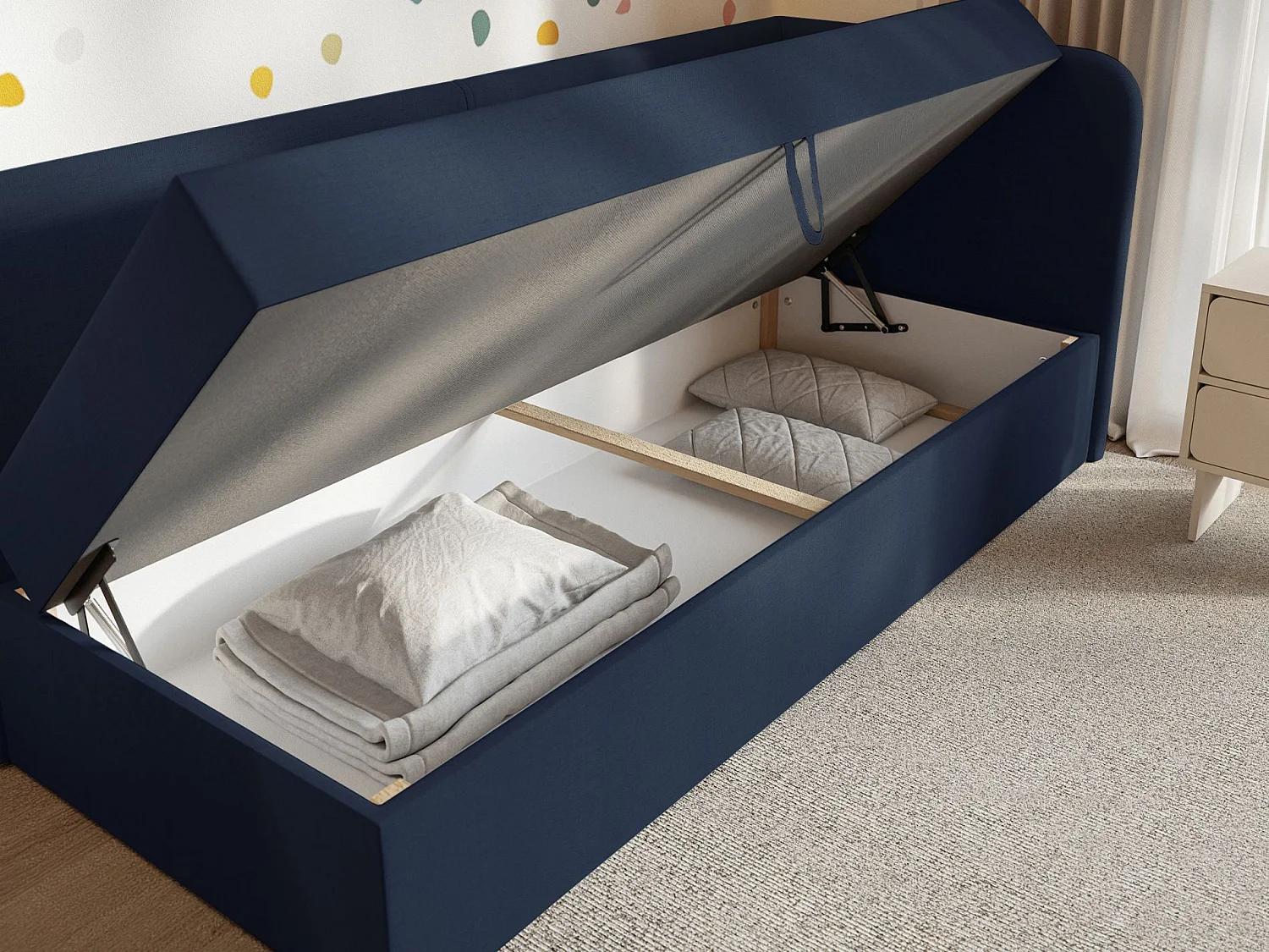 Jugendbett 90x200 mit Bettkasten – Chenille-Bezug – Kopfteil rechts – Dunkelblau – CALMMO