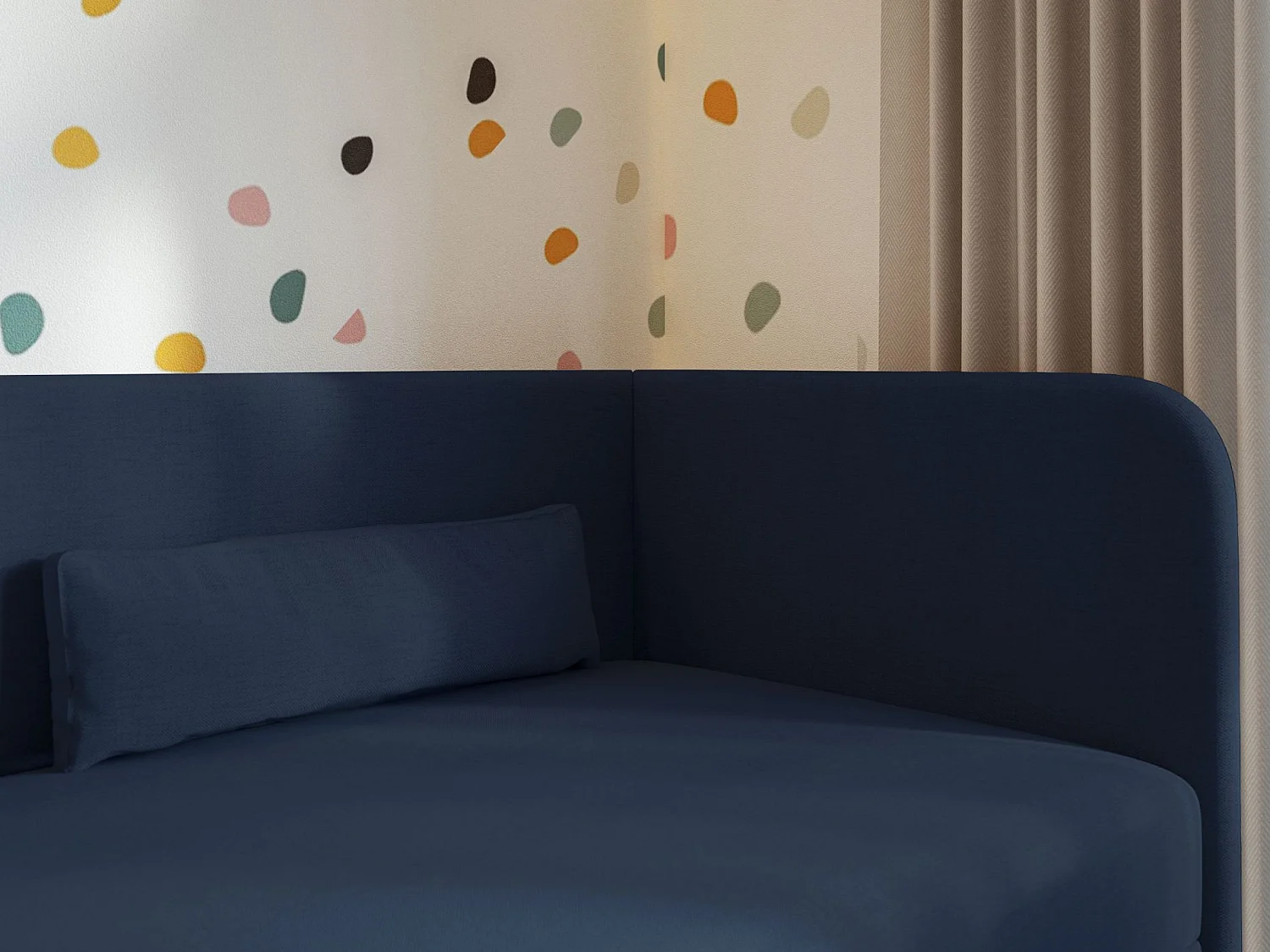 Jugendbett 90x200 mit Bettkasten – Chenille-Bezug – Kopfteil rechts – Dunkelblau – CALMMO