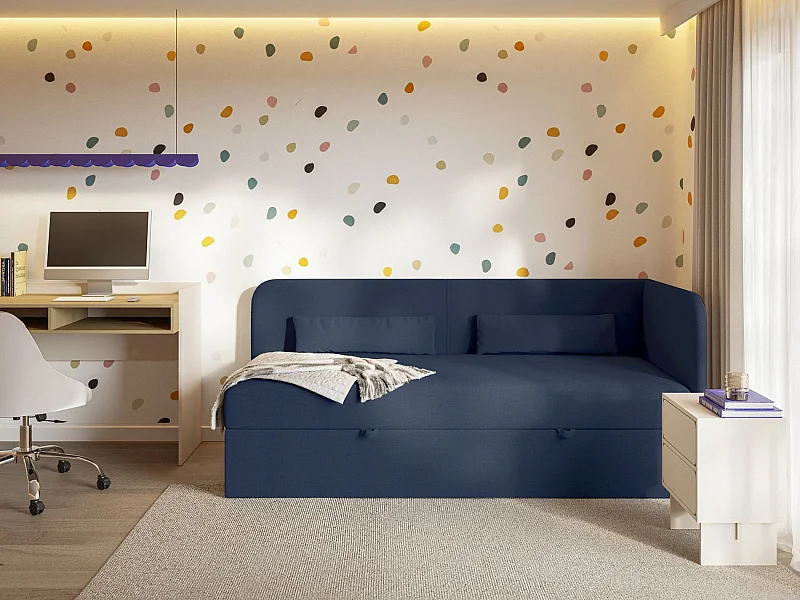 Jugendbett 90x200 mit Bettkasten – Chenille-Bezug – Kopfteil rechts – Dunkelblau – CALMMO