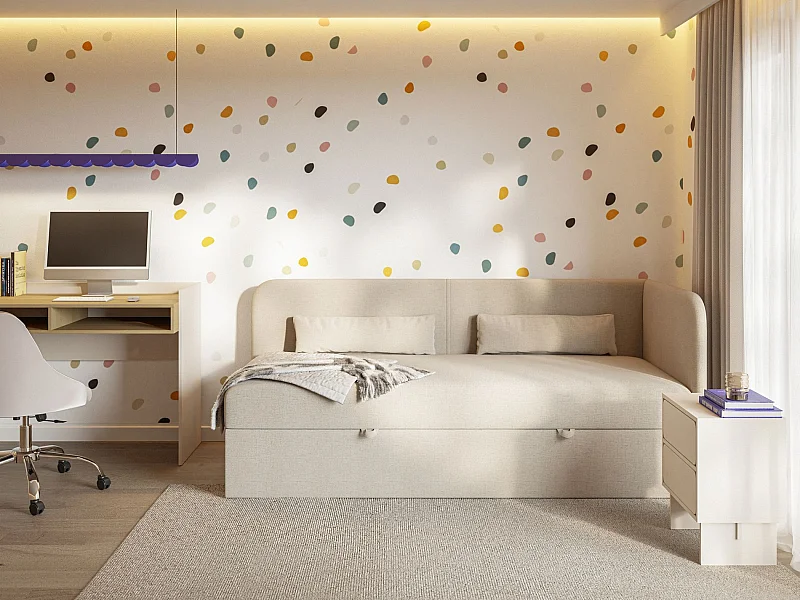 Jugendbett 90x200 mit Bettkasten – Chenille-Bezug – Kopfteil rechts – Hellbeige – CALMMO