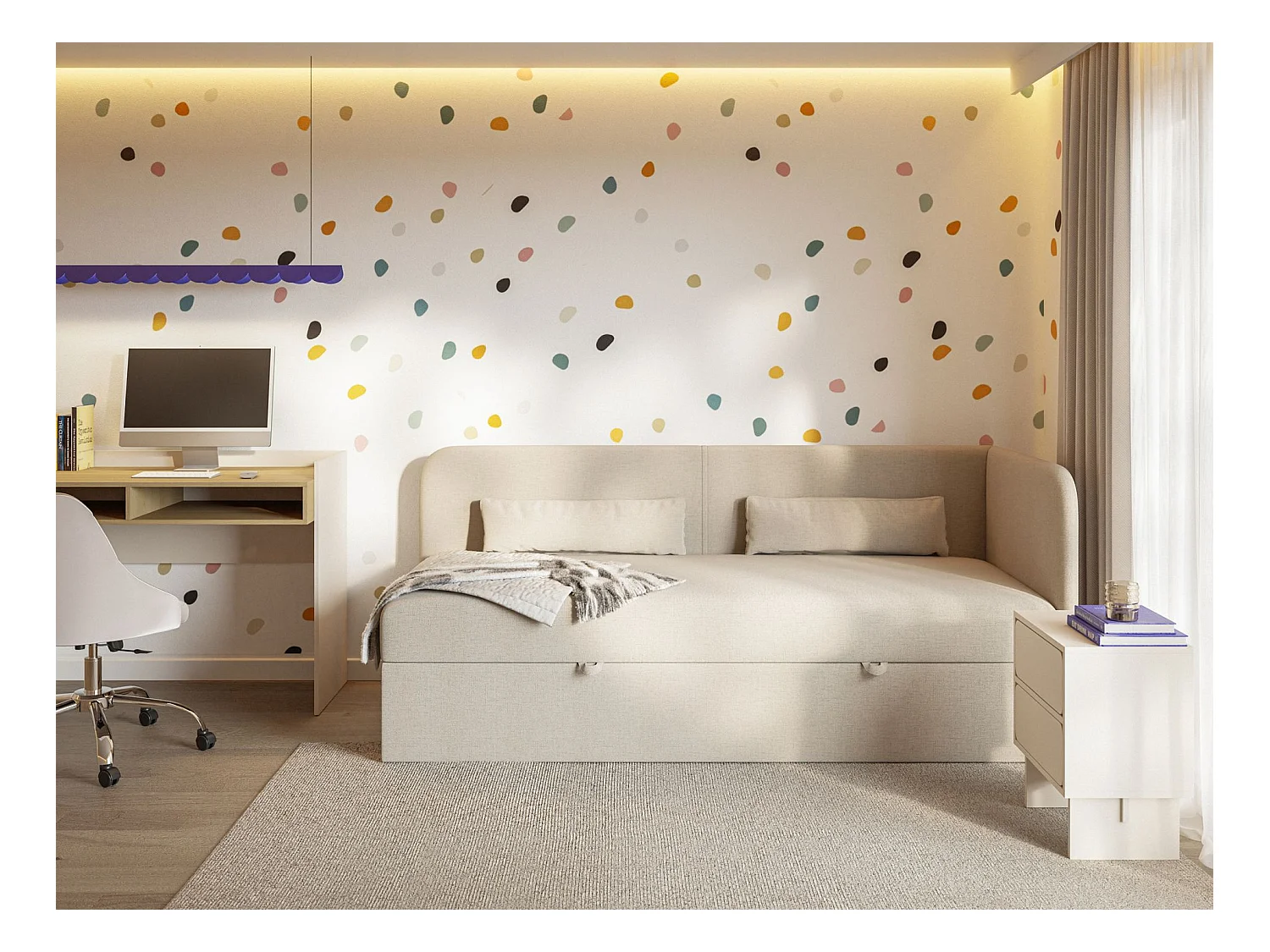 Tienerbed 90x200 met opbergruimte – chenille bekleding – hoofdbord rechts – lichtbeige – CALMMO