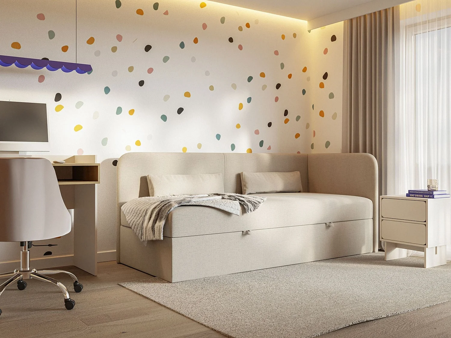 Lit ado avec rangement - olive - beige clair - CALMMO