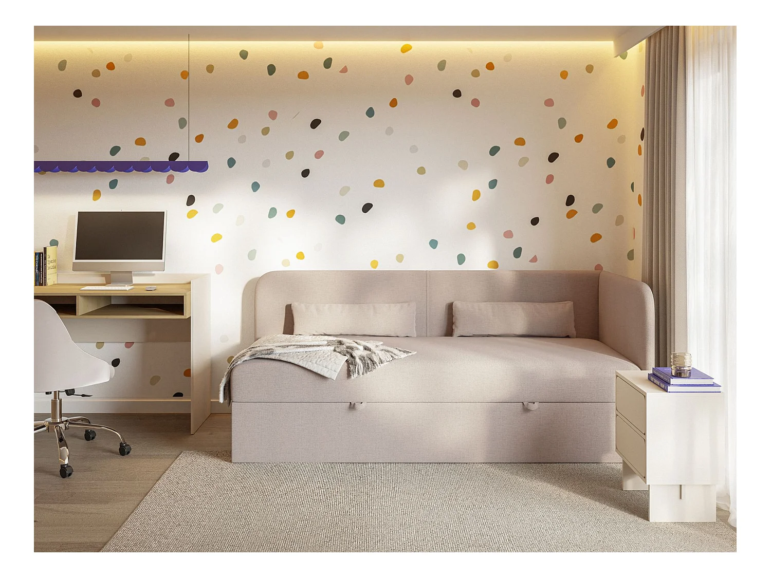 Tienerbed 90x200 met opbergruimte – chenille bekleding – hoofdbord rechts – donkerbeige – CALMMO