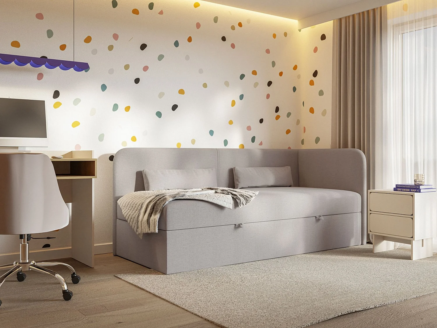 Jugendbett 90x200 mit Bettkasten – Chenille-Bezug – Kopfteil rechts – Dunkelbeige – CALMMO