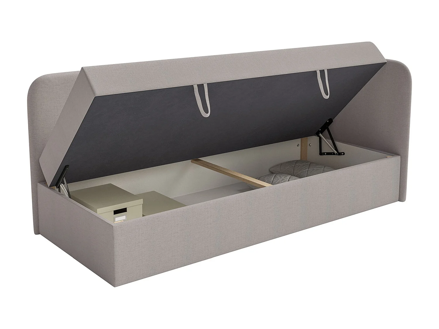 Jugendbett 90x200 mit Bettkasten – Chenille-Bezug – Kopfteil rechts – Dunkelbeige – CALMMO