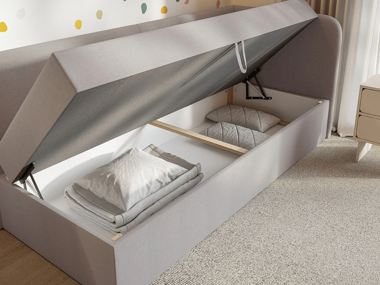 Jugendbett 90x200 mit Bettkasten – Chenille-Bezug – Kopfteil rechts – Dunkelbeige – CALMMO