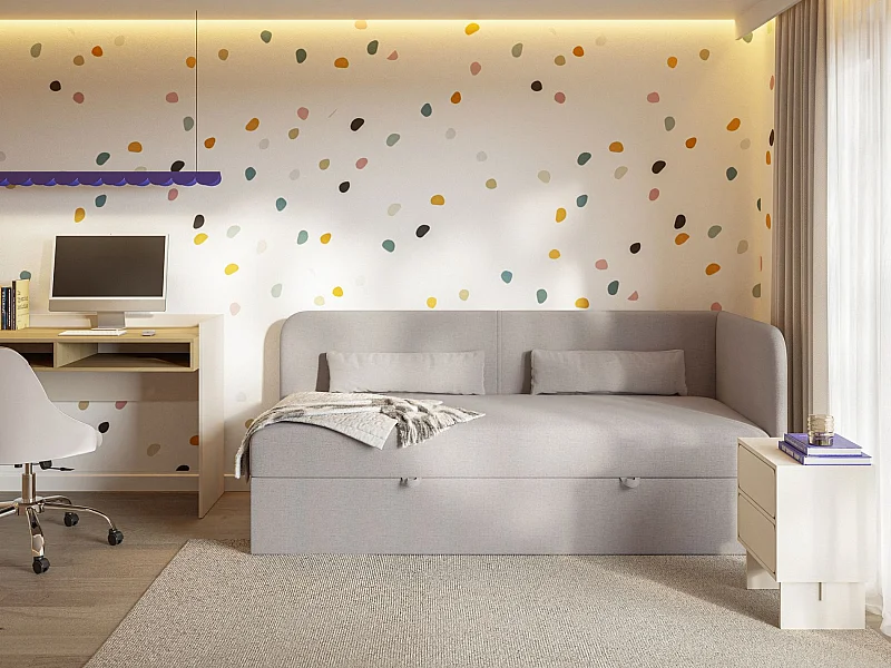 Jugendbett 90x200 mit Bettkasten – Chenille-Bezug – Kopfteil rechts – Dunkelbeige – CALMMO