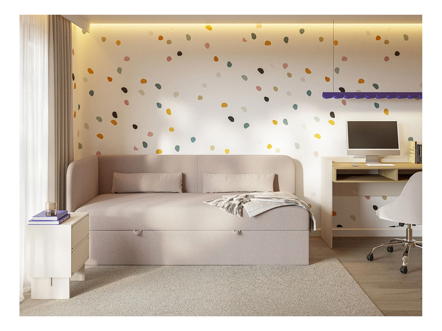 Tienerbed 90x200 met opbergruimte – chenille bekleding – hoofdbord links – donkerbeige – CALMMO
