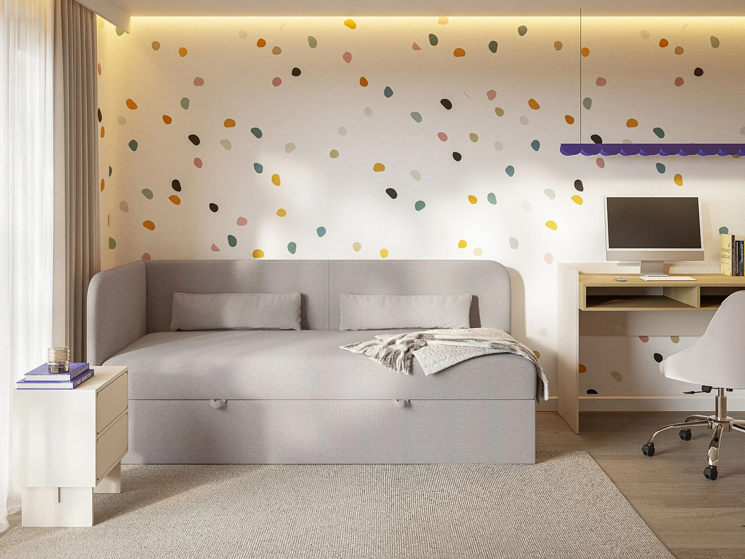 Jugendbett 90x200 mit Bettkasten – Chenille-Bezug – Kopfteil links – Dunkelbeige – CALMMO