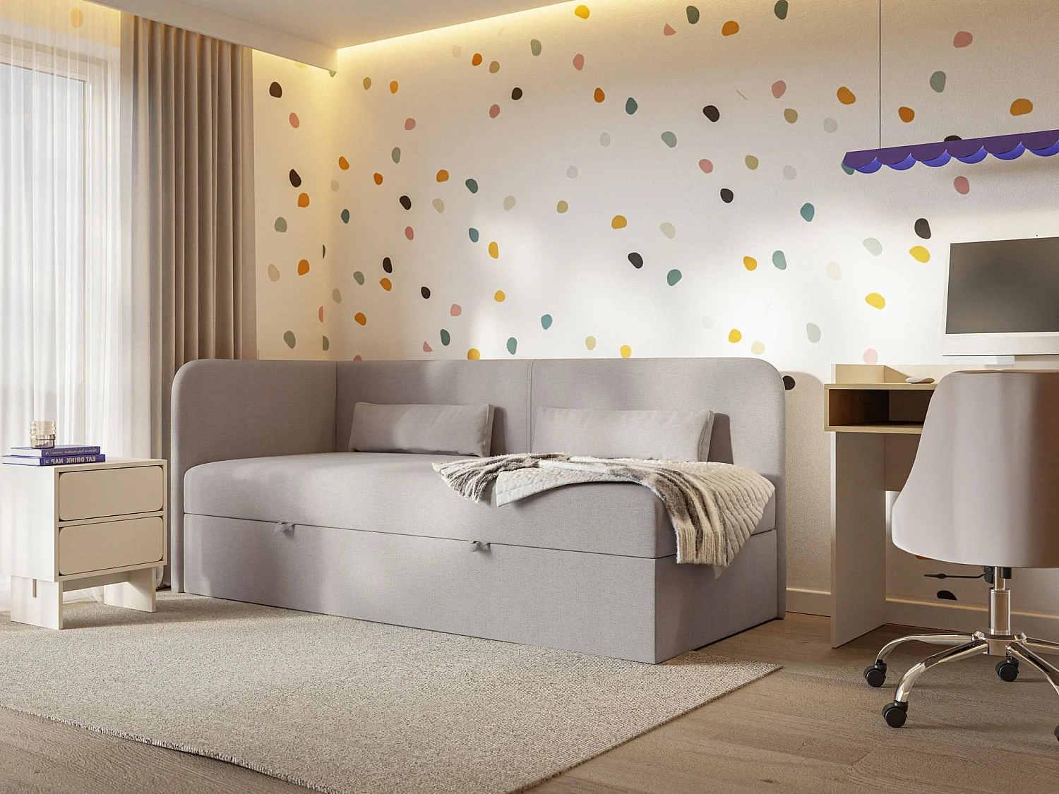 Jugendbett 90x200 mit Bettkasten – Chenille-Bezug – Kopfteil links – Dunkelbeige – CALMMO